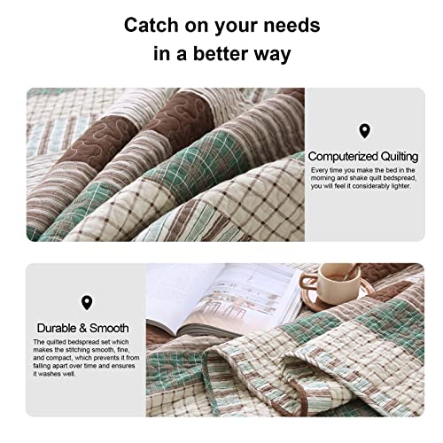 Pangushan 100% Cotton Quilt Set King Size, Patchwork King Quilt Bedding Set Bedspreads, Farmhouse Lightweight Comforter Reversible Quilt, Green/Brown/Beige Bed Spread For All Season, 3 Pieces #TOP6