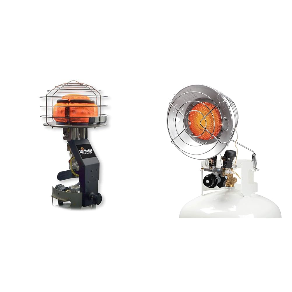 Mr. Heater Original 540-Degree 45,000 BTU Tank Top Radiant Propane Heater,chrome,Silver &amp; 15,000 BTU Single Tank Top Portable Propane Radiant Heater,Grey/Silver
