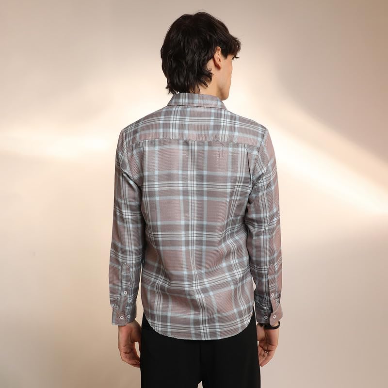 Image of CAHOOT Men's Nude Pink & Cloud Grey Tartan Plaid Shirt for Casual Wear | Spread Collar | Long Sleeve | Button Closure | Shirt Crafted with Comfort Fit for Everyday Wear