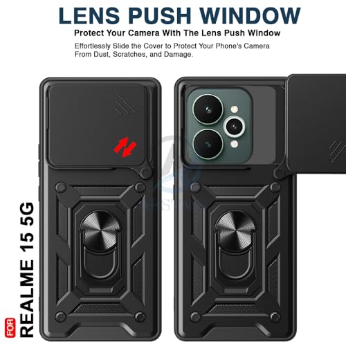 Image of AESTMO Tough Armor Realme 15 5G Bumper Back Case Cover | Ring Holder & Sliding Camera Shield Cover | 360 Degree Protection Back Case Cover for Realme 15 5G (Black)