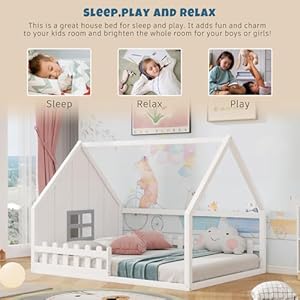 Merax Full Size House Bed for Kids, Wood Montessori Floor Bed with LED Light Toddler Floor Bed with Fence and Window, Toddler Bed Frame for Girls Boys, White Merax Full Size House Bed for Kids Wood Montessori Floor Bed with LED Light Toddler Floor Bed with Fence and Window Toddler Bed Frame for Girls Boys White