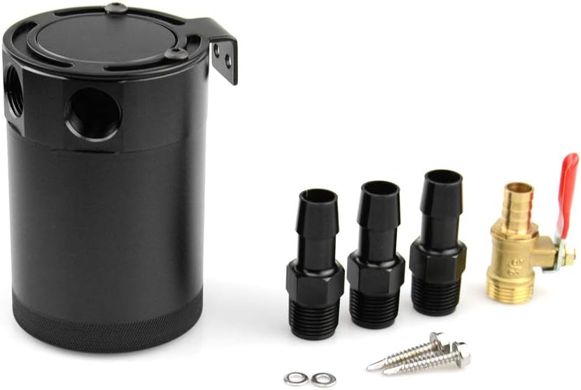 Universal Oil Catch Can with Oil Drain Cock Valve Baffled Reservoir Tank Air-Oil Separator, 3 Port, Aluminum, 150ml, Black