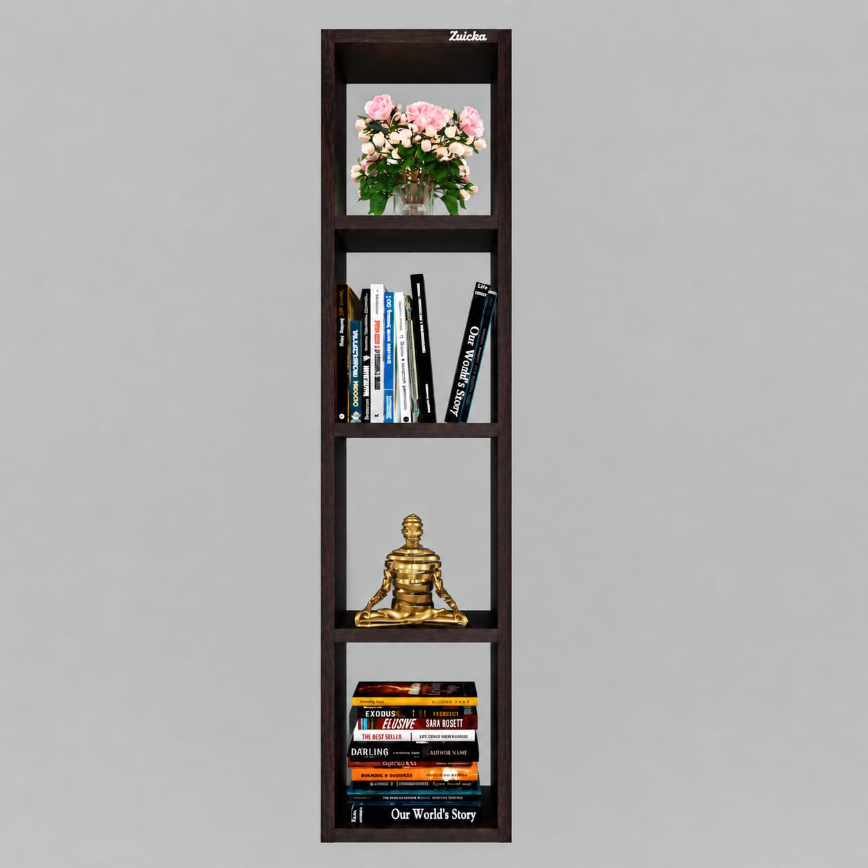 Wall Mounted Wooden Display Shelf, 4 Tier Book Shelf for Living Room, Bedroom & Office, Modern Floating Storage Rack for Books, Plants, Decorative Items & Showpieces, Dark Wenge Finish-image-23