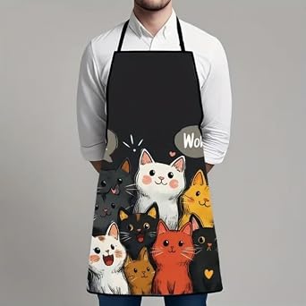 Valkyrie Kedi Desenli Mutfak Önlüğü Cepli Ayarlanabilir Askılı Unisex Mutfak Temizlik Önlüğü Siyah