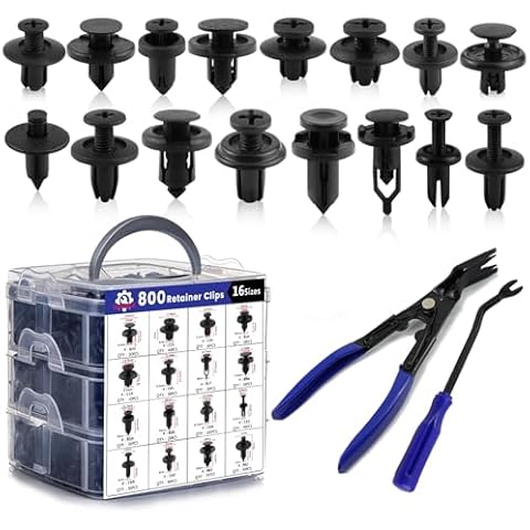 Car Push Retainer Clips 802PCS Auto Fasteners Assortment-16 Most Popular Sizes Nylon Bumper Fender Rivets with Blue Fastener Remover for Ford GM Toyota Honda Chrysler Benz Nissan Cover