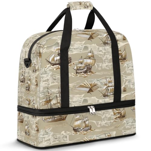 Travel Duffel Bag with Shoe Compartment, Vintage Books Ships Shoulder Weekender Bags for Women, Foldable Waterproof Travel Bag Carry on Bag