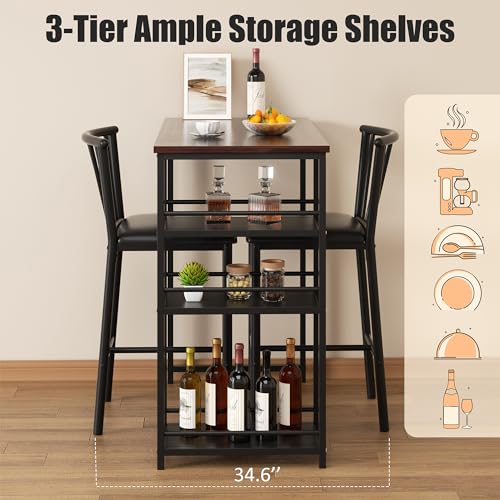 Shintenchi-Kitchen-Bar-Table-and-Chairs-Set-of-2-Small-Dining-Table-Set-with-2-PU-Cushion-Bar-Stools-3-Piece-Kitchen-Dining-Set-with-3-Storage-Shelves-for-Small-Space-Brown Shintenchi Kitchen Bar Table and Chairs Set of 2 Small Dining Table Set with 2 PU Cushion Bar Stools 3 Piece Kitchen Dining Set with 3 Storage Shelves for Small Space Brown
