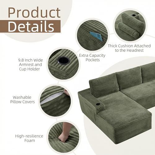 Image of 104 inch L Shaped Boneless Sectional Couches for Living Room, Comfy Corduroy Floor Cloud Sofa with Chaise and Cup Holder, Wide Armrest, Deep Seat, Assembly Free, Ideal for Small Spaces, Green
