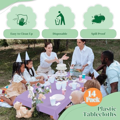 Image of Lavender 14 Pack 54 x 108 Inch Plastic Tablecloths, Disposable Rectangle Tablecloth, Party Table Cover Plastic Table Cloth