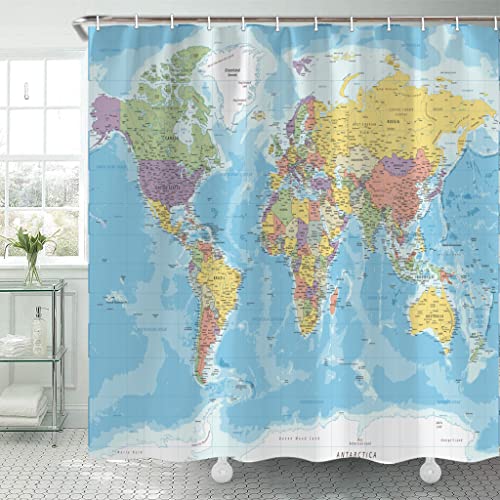 TOMOZ World Map Shower Curtain Countries and Cities Shower Curtains Geography Educational Fabric Bathroom Shower Curtain with Hooks Bathroom Decor 69x70 Inch