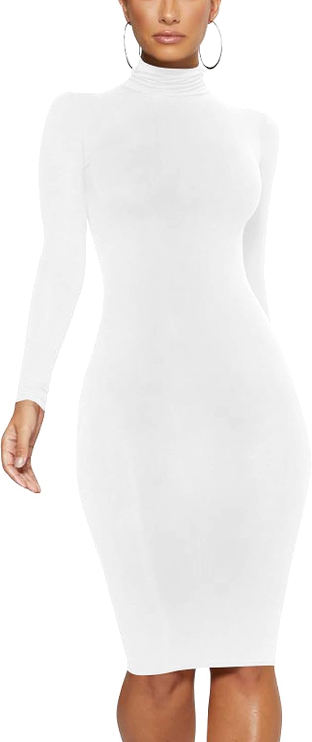 Women's Casual Long Sleeve Bodycon Sexy Turtleneck Midi Club Party Pencil Dresses - Image 2