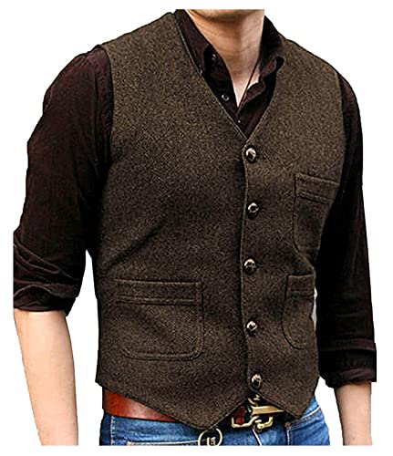 Image of SOLOVEDRESS Mens Vintage Tweed Suit Vest V Neck Casual Wool Waistcoat for Wedding Groomsmen