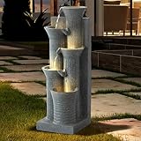 TOBYUL Outdoor/Indoor Water Fountain with LED Lights and Pump, 5-Tiers Cascading Bamboo Joint Design Bowls Garden Fountains Waterfall, Freestanding Resin Fountain for Patio, Garden, Porch (Light Gray)