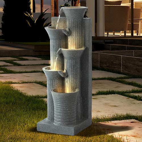 TOBYUL Outdoor/Indoor Water Fountain with LED Lights and Pump, 5-Tiers Cascading Bamboo Joint Design Bowls Garden Fountains Waterfall, Freestanding Resin Fountain for Patio, Garden, Porch (Light Gray)