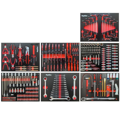 Mephisto 7 Werkzeugeinlagen Werkzeug wie Ratschen-Set, Schraubendreher, Ring-Ratschen, Maulschlüssel, Steckschlüssel, Drehmomentschlüssel, Zangen- Set in Soft Inlay mit Carbon Lock