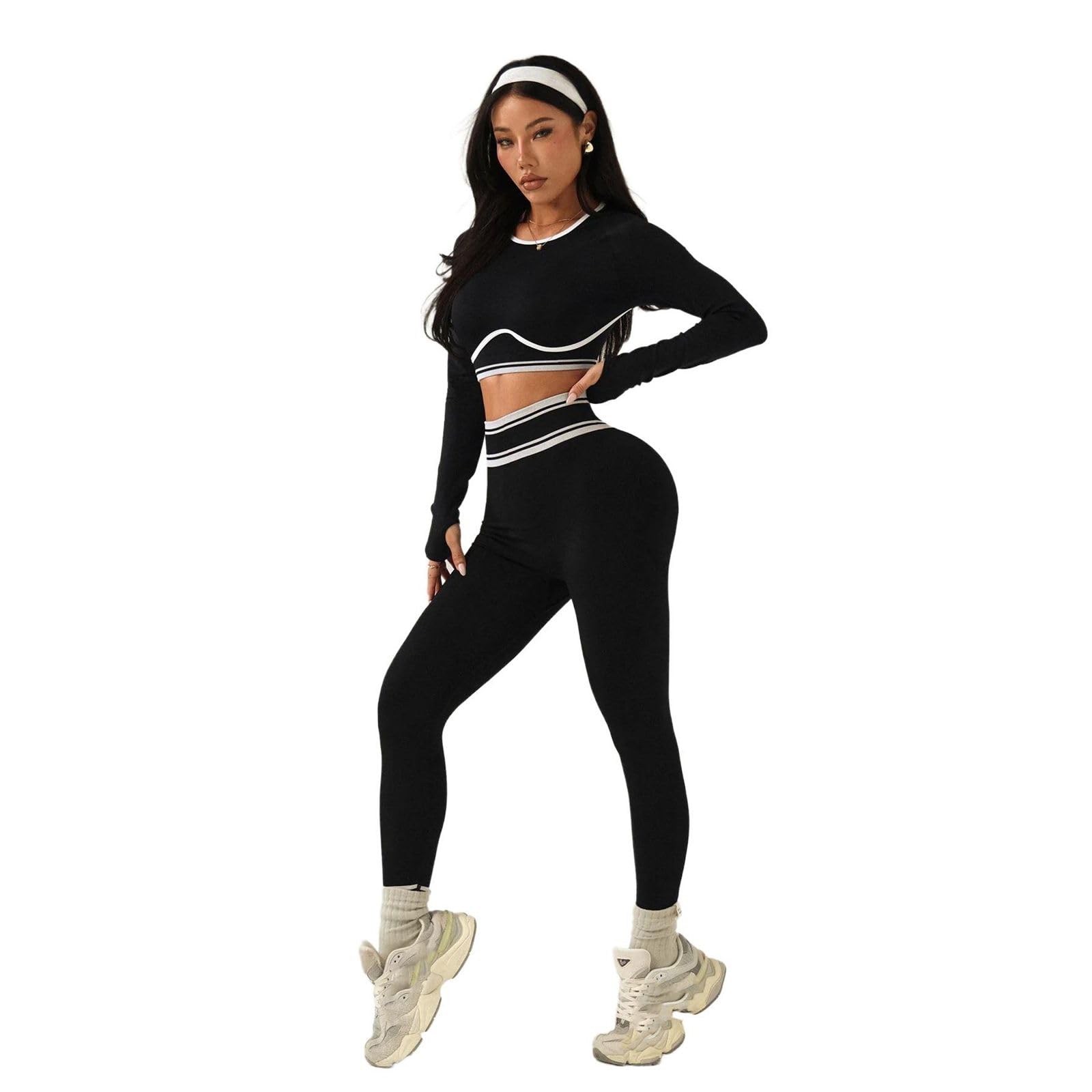 Set yoga a 2 pezzi da donna, top a maniche lunghe e pantaloni da fitness