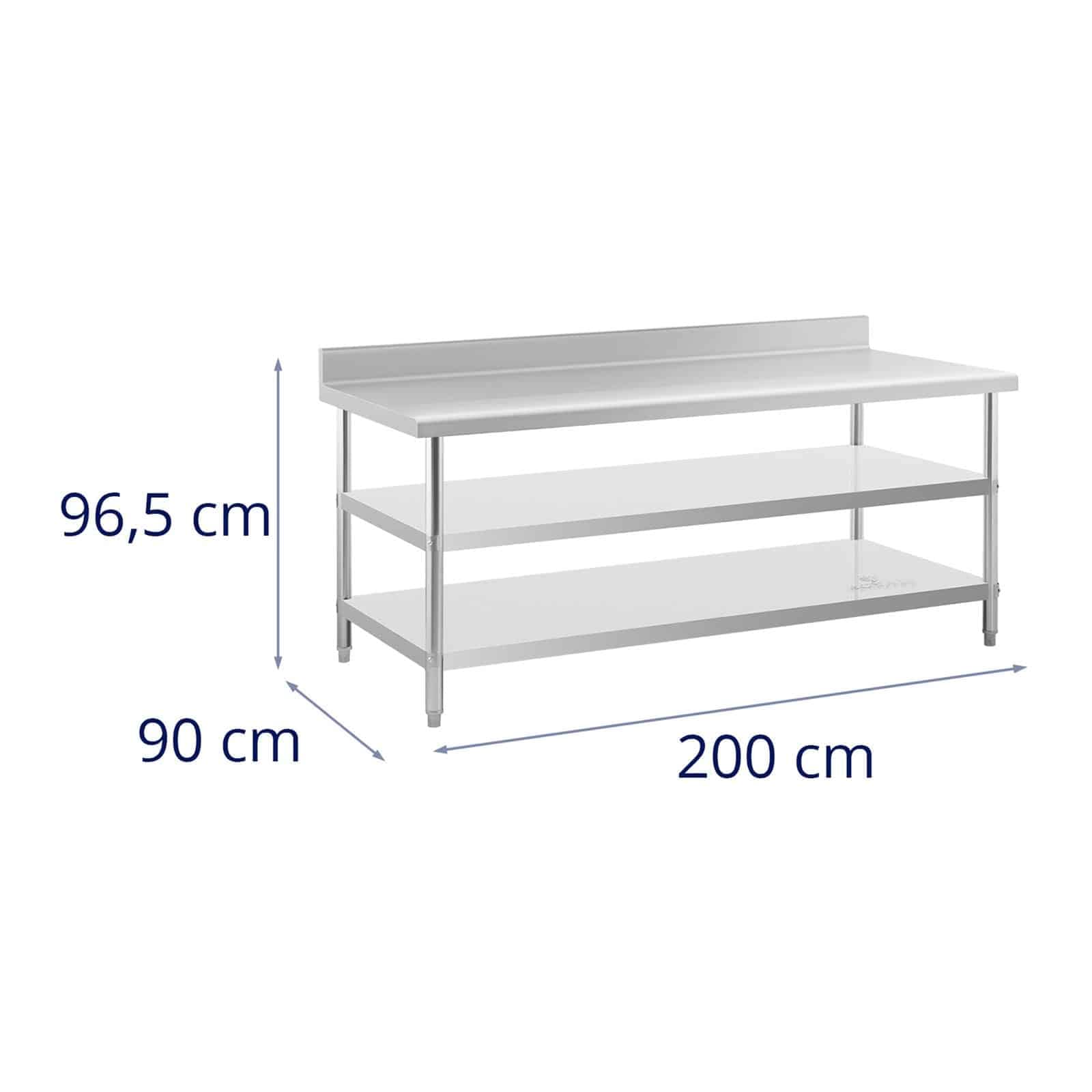 Royal Catering RCAT-200/90-SPS3SH - Tavolo da lavoro in acciaio INOX con alzata, 200 x 90 x 16,5 cm, 500 kg, 2 ripiani in acciaio INOX