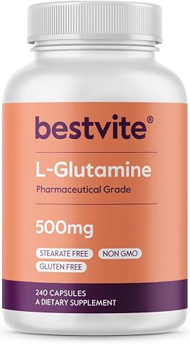 BESTVITE L-Glutamina 500mg por cápsula (240 cápsulas) - Sin fosfato dicálcico - Sin estearatos - Sin OMG - Sin gluten - Apoyo a la salud intestinal