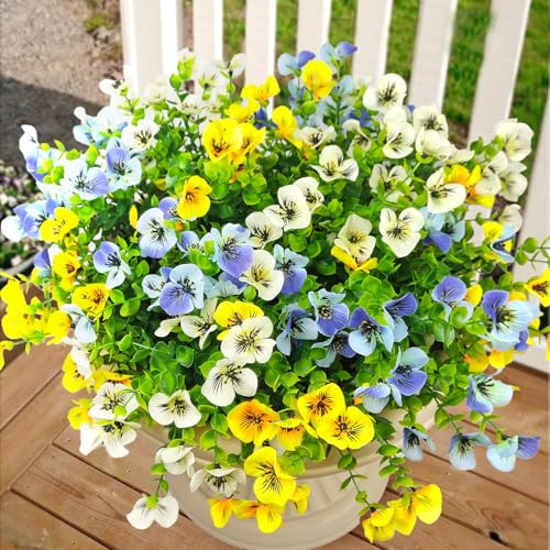 Mutcolor Pansies Artificial Flowers for Outdoors 12 Bundles Fake Silk Pansy Faux Plastic Plants UV Resistant for Home Outside Garden Planter Front Door Porch Yard Patio Decor (Blueyellowwhite)