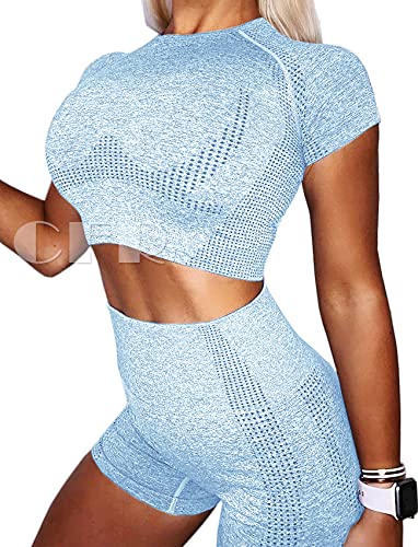 CFR Short Sleeve T-Shirt Yoga Crop Tank Tops Seamless Compression Slim Tight Fitness Workout for Women Dots Light Babyblue Tee,M