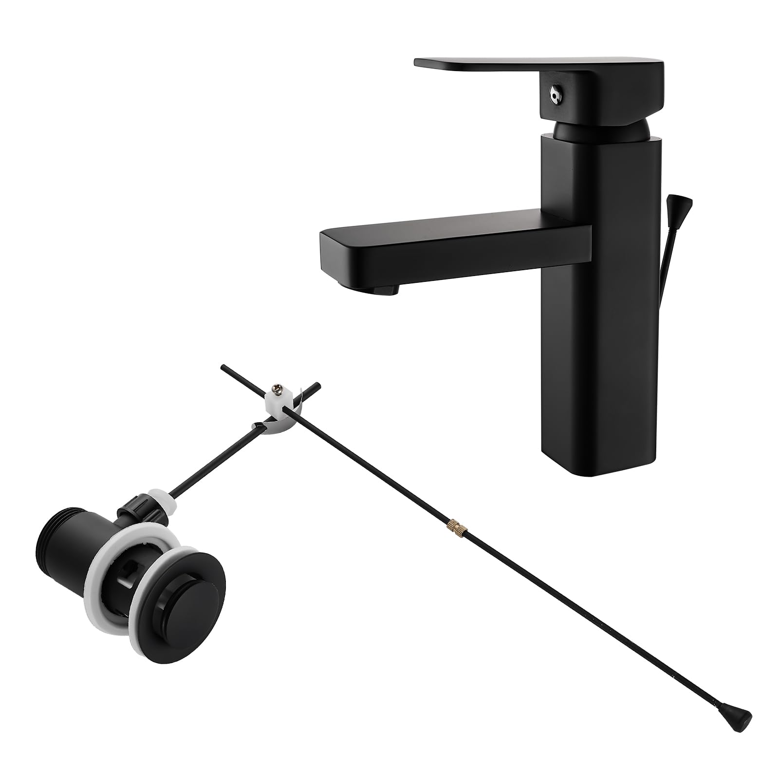 KEOKBON Brass Bathroom Tap Black with Pull Rod, Single Lever Washbasin Mixer Tap, No Dirty Hands Low Spout Bathroom Sink Faucet, Drain with The Pull Lift