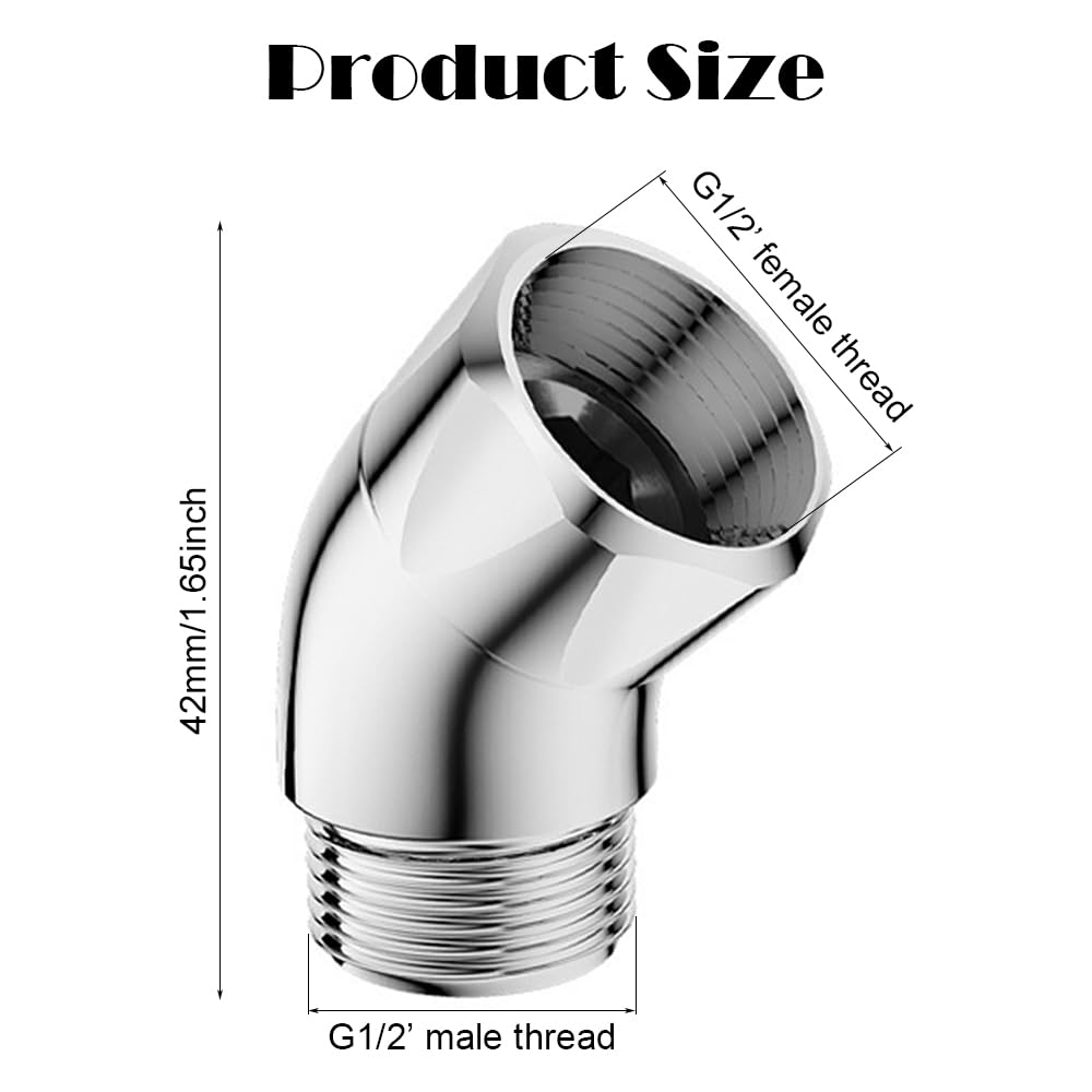 Handhold Shower Head Elbow Adapter 135 Degree Solid Brass Elbow Adapter for Shower Head G1/2" Chrome Shower Head Extension Arm Connector with Rubber Seal for Most Standard Shower Systems Silver - Image 2