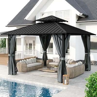 HAPPATIO 12'x12' Hardtop Aluminum Gazebo Outdoor, Double Galvanized Steel Roof Canopy with Aluminum Frame, Curtains and Netting for Patio, Backyard, Deck, Lawn, Easy Assembly (Grey)