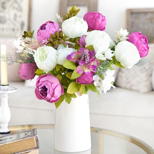 Image of FiveSeasonStuff Vintage Artificial Peonies Silk Peony Flowers and Hydrangeas for Wedding Bridal Home Decor - Beautiful Floral Centerpiece Arrangement with 2 Bouquets (Bloom Purple and White Mix)