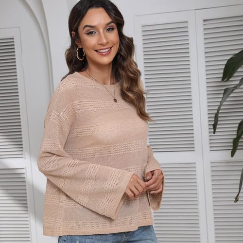 Image of Summer Tops for Women 2024 Crochet Sweater Hollow Out 1 /2 Sleeve Pullover Off Shoulder Sweater T-Shirts Beach Coverup.