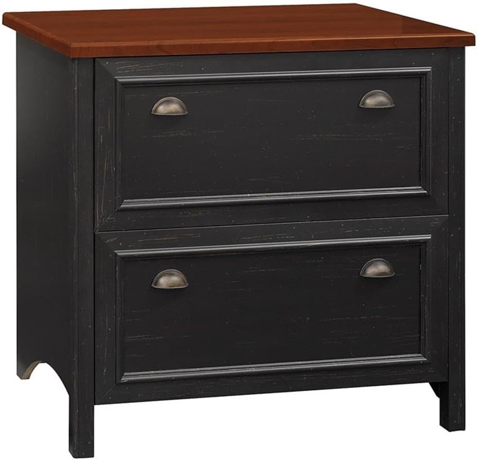 Fairview 2 Drawer Lateral File Cabinet in Antique Black/Hansen Cherry, Home Office Storage for Letter, Legal, and A4-Size Documents