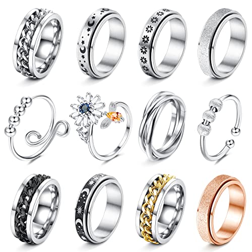 FASACCO 12Pcs Fidget Anxiety Rings for Women Men - Spinner Fidget Rings for Anxiety Relieving Stress Flower Moon Star Stainless Steel Rings Adjustable Size 6