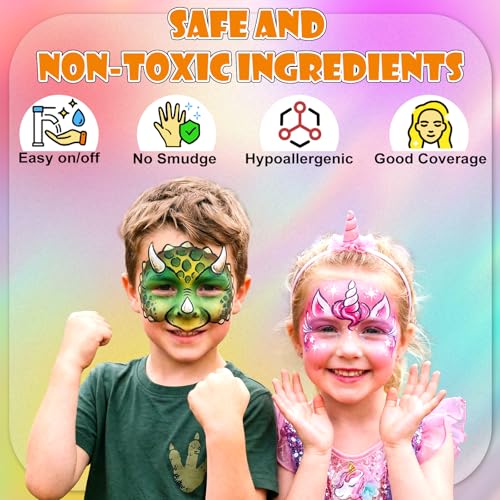 Face Painting Kit for Kids - 40 Color Pro Facepaint Palette Non-Toxic Water Activated, Complete Kit with Brush, Stencil, Sponge, for Birthday Parties, Carnival, Costume Makeup, Festivals & Events