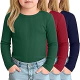 Mumucove 3 Pack Toddler Girls Long Sleeve Shirts Baby Ribbed Girls Layering Undershirts Crew Neck Basic Tee Slim Fit Tops(Green, Red, Navy Blue,2t)