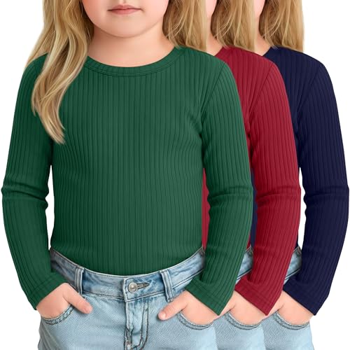 Mumucove 3 Pack Toddler Girls Long Sleeve Shirts Baby Ribbed Girls Layering Undershirts Crew Neck Basic Tee Slim Fit Tops(Green, Red, Navy Blue,2t)