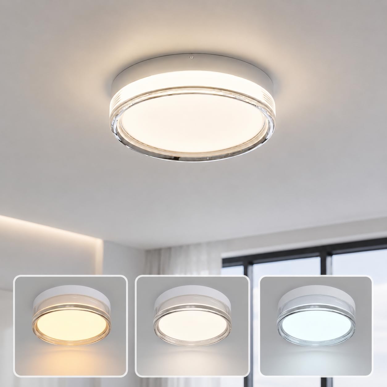 MARSI Plafoniera LED IP65 Ø30 cm 24W, 3 CCT 2800K 4000K 6000K | Bianca, installazione a soffitto o parete, per bagno, corridoio e balcone. Bordo in acrilico trasparente