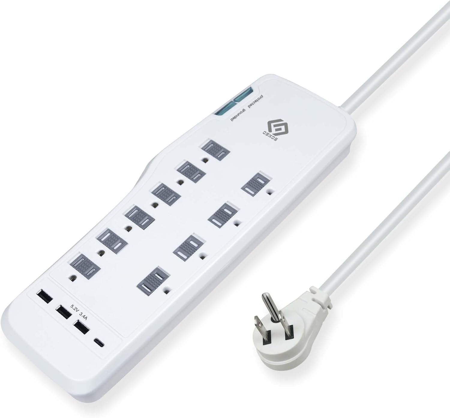 OSKOS Surge Protector Power Strip, 10 Outlets, Four USB 3.4A Ports (3A+1C), 6FT Extension Cord, 3540 Joules, 15A/1800W,Wall Mountable, UL Listed