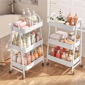 Kitchen Trolley on Wheels, 3 Tier Metal Storage Cart, Rolling Utility Cart with Handle and Mesh Shelves for Bathroom, Office, Craft Room, White