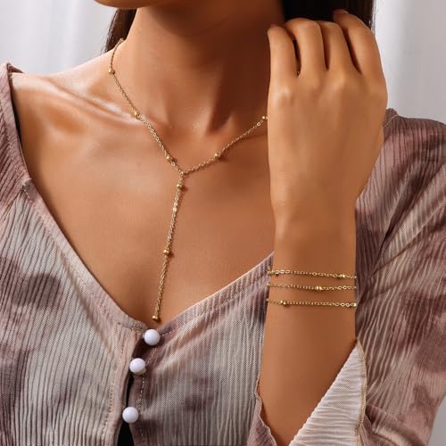 Lariat Gold Necklace, Y-Shaped Layered Long Necklace 18K Gold Plated Pendant Choker Dangle Drop Necklaces Trendy Beaded Chain Simple Dainty Jewelry for Women Gift4