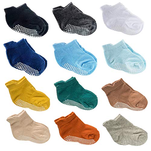 12 Pairs Baby Crew Socks Cotton Anti Skid Toddler Socks with Grips for Baby Girl Boy (12 Pack-Boys, M)