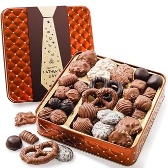 Fathers Day Chocolate Gift Basket Candy Gift Box with Assorted Milk, Dark & White Chocolates Food Present Idea for Men, Dad, Father, Grandfather, Guys, Pop, Husband- Bonnie & Pop