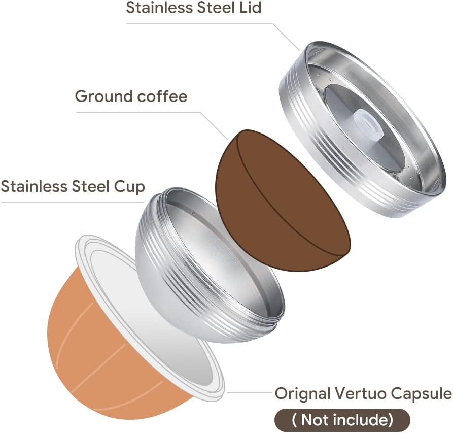BENFUCHEN Refillable Vertuo Capsules Reusable Coffee Pods Only For VertuoLine Next Coffee Machine, New Version Stainless Steel Cap Refillable Pods Make 230 ML Crema Coffee, 1 Capsule 1 Tamper