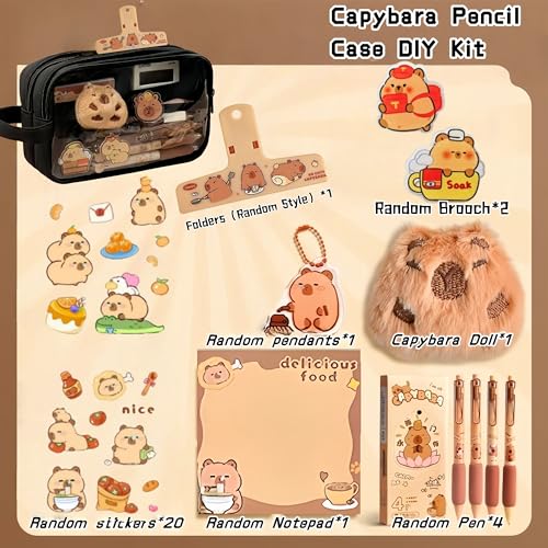 Image of Kawaii Capybara Pencil Case Kit with Plush +Notepad+Pendant+Stickers+Binder clips+Diary Clip+Pens, 5-Layer Large Capacity Capybara Stationery Set Gifts for Office, Makeup. (Black)