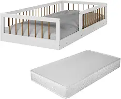 Cama Montessoriana Infantil Berço Grade De Proteção Quarto Da Criança Com Colchão Cor Branco/Nature