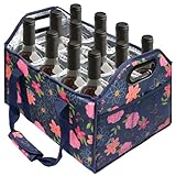 JLDTOP 12 Bottle Wine Carrier Collapsible Bottle Caddy with Handles Storage Box for Travel Picnics Weddings Shopping Wine Tasting (Blue Floral)