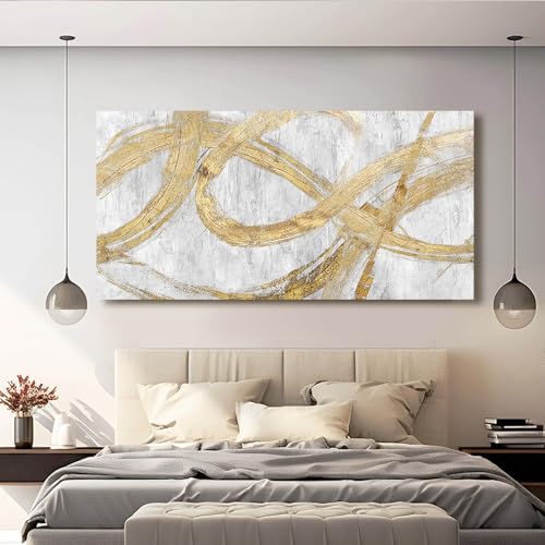 Image of Graffiti Framed Wall Painting Gold Line Art 29 inchx 58 inch Living Room Abstract Artwork Master Bedroom Wall Decor Large Size 29 inchx 58 inch White Picture Print for Walls