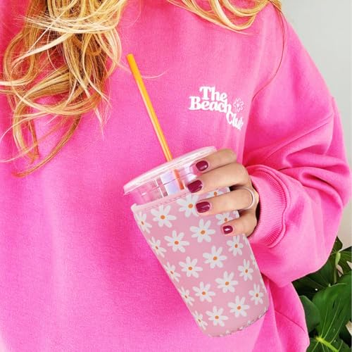Image of Reusable Insulated Neoprene Iced Coffee Cup Sleeve, Durable Drink Sleeve for Cold Beverages, Beverage Holder for Iced Coffee (Pink Daisies)