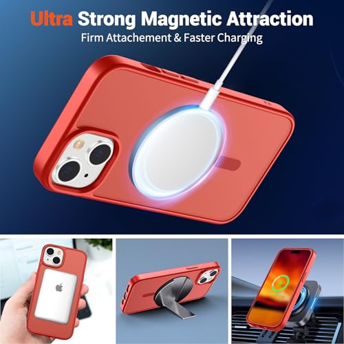 Image of SUPFINE Magnetic for iPhone 15 Case (Compatible with MagSafe) (Military Grade Drop Protection) Slim Translucent Matte Shockproof with Anti-Fingerprint Phone Case, Red