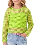 Spring&Gege Mädchen Fishnet Langarm Bluse, Casual Sommer Neon Netz Shirt, ausgeschnittener atmungsaktiver lässiger Langarm Oberteil, Rave & Party Outfit(Neongreen, 7-8 Jahre)