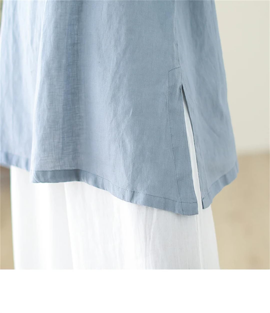 Chemise longue décontractée brodée en coton et lin pour femme