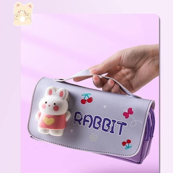 Image of Cute Rabbit Pencil Pouch for Girls | Large Capacity 3 Compartment Pencil Case | Waterproof Oxford Fabric Stationery Organizer with Handle | Kawaii Pencil Box for School Kids